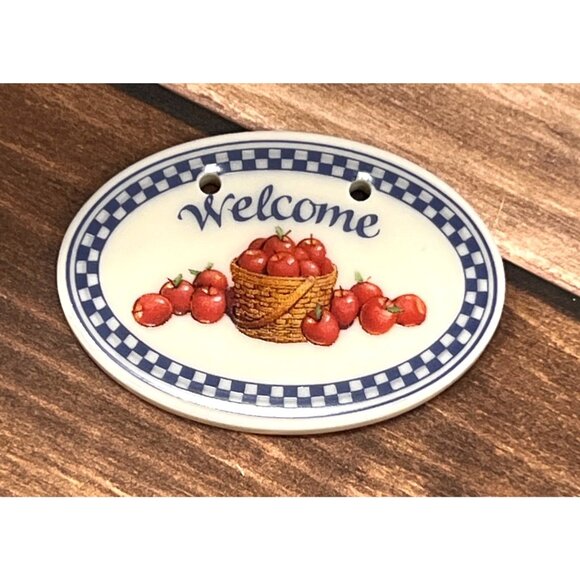 Longaberger Ceramic Basket Tie-On WELCOME With BLUE & WHITE APPLE Design 34096 - Picture 1 of 7